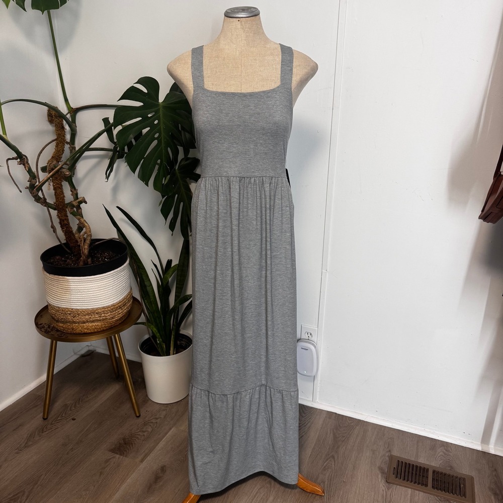 Express Maxi Dress Womens Small Gray Square Neck Tiered Crisscross Back Jersey
